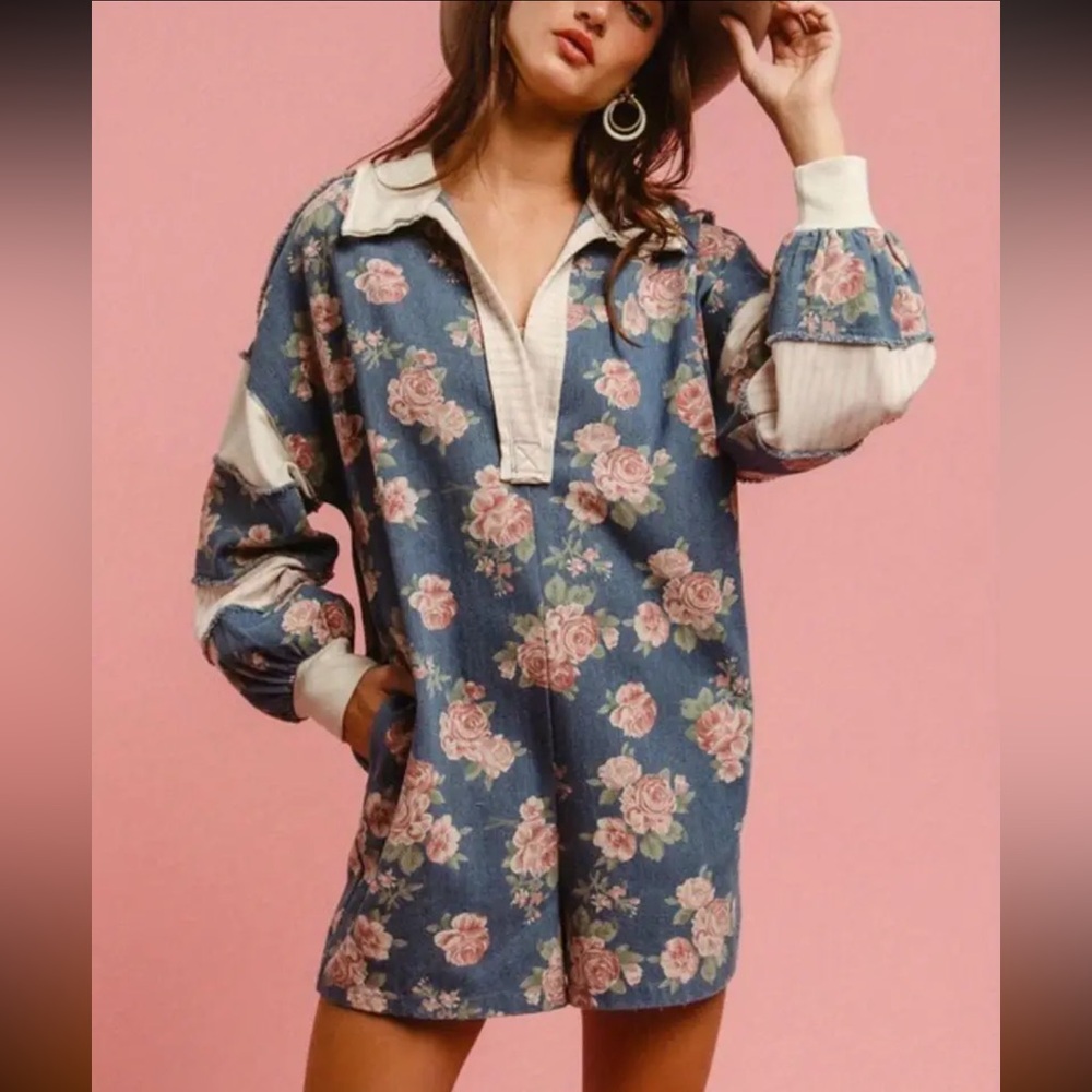 BiBi Floral Denim Romper/New With No Tags.